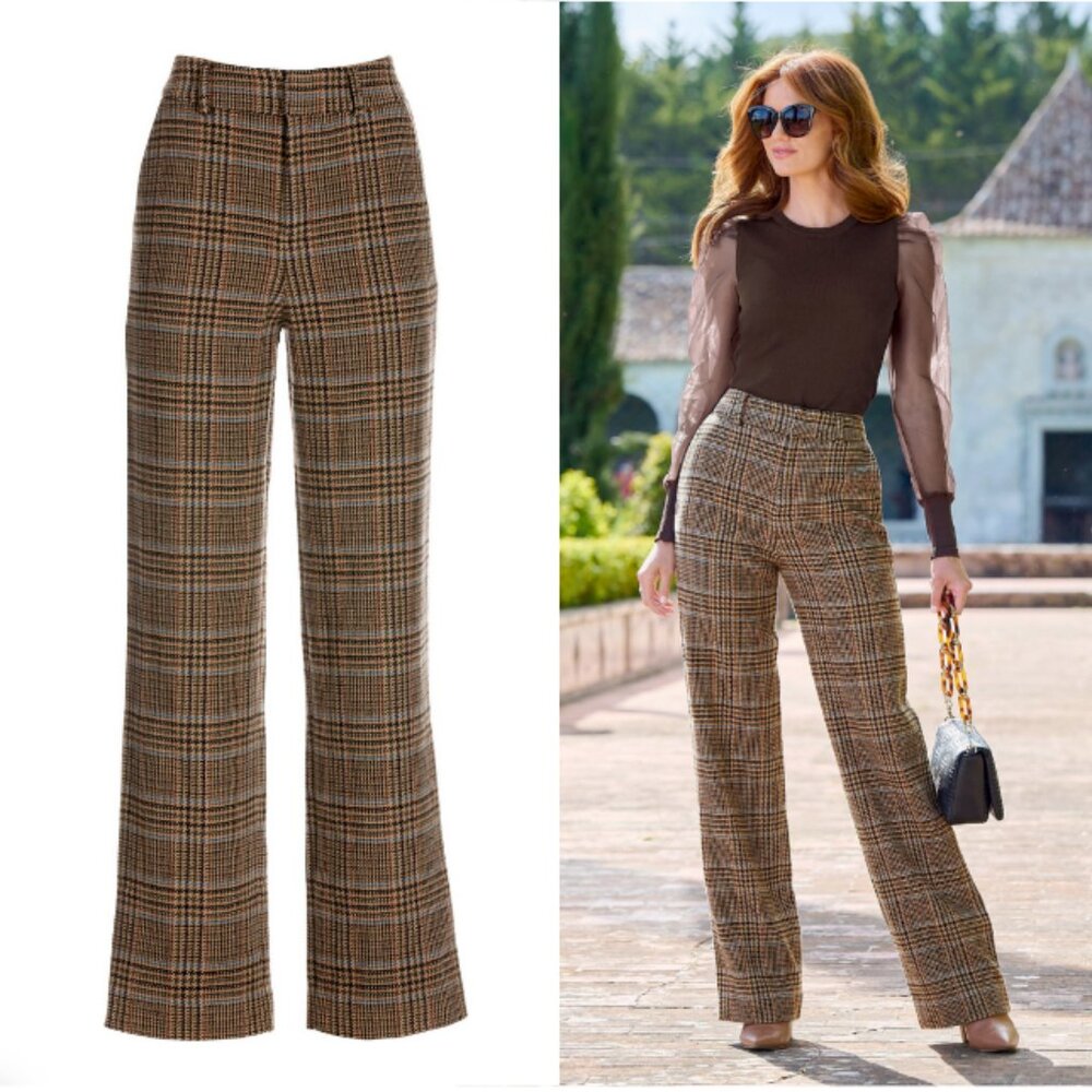 BOSTON PROPER Wool Blend Plaid Modern High Waist Wide Leg Trouser Size 18
